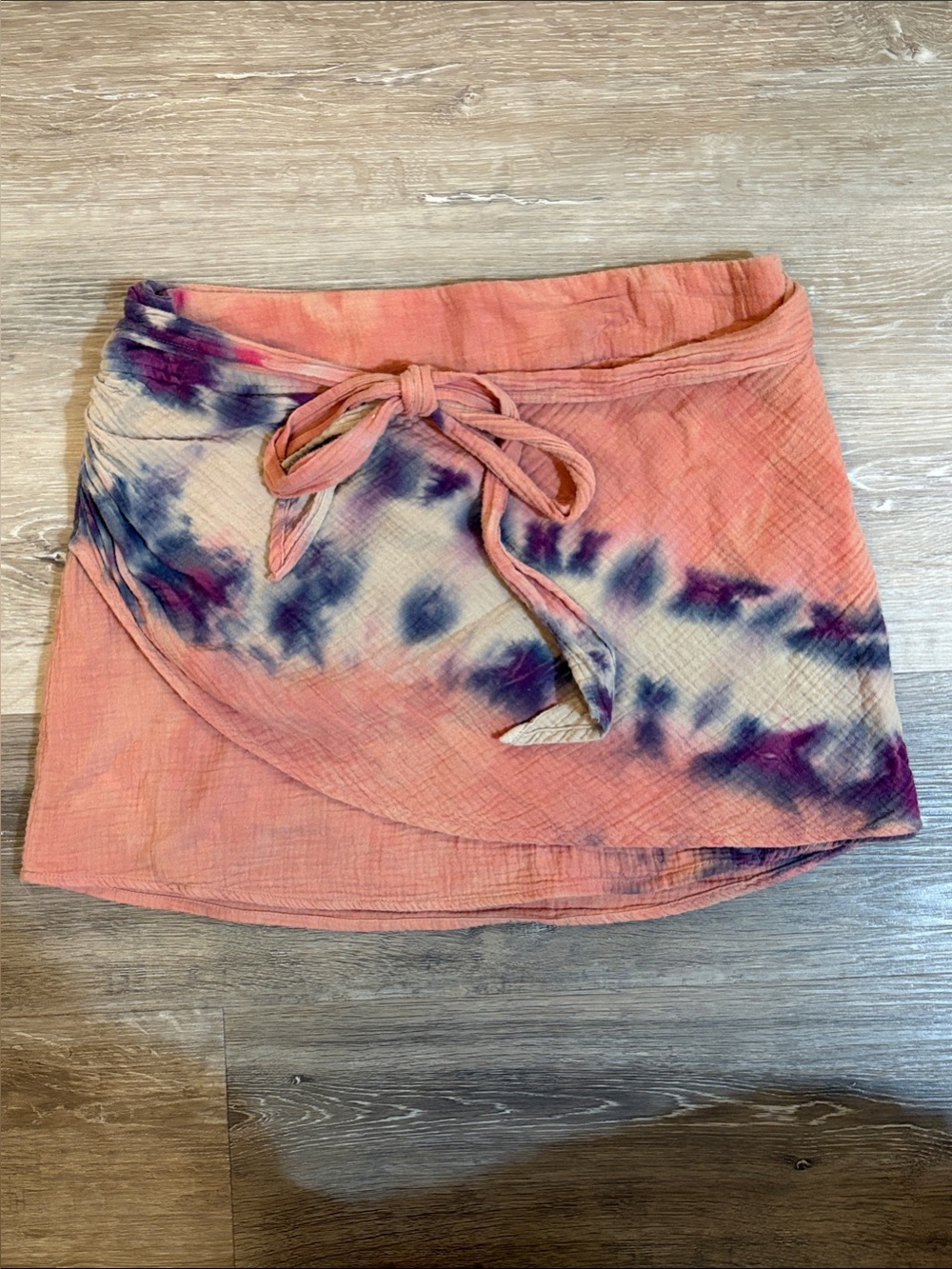Free People 100% Cotton Coral Pink Tie-Dye Mini Skirt with Purple Accents.